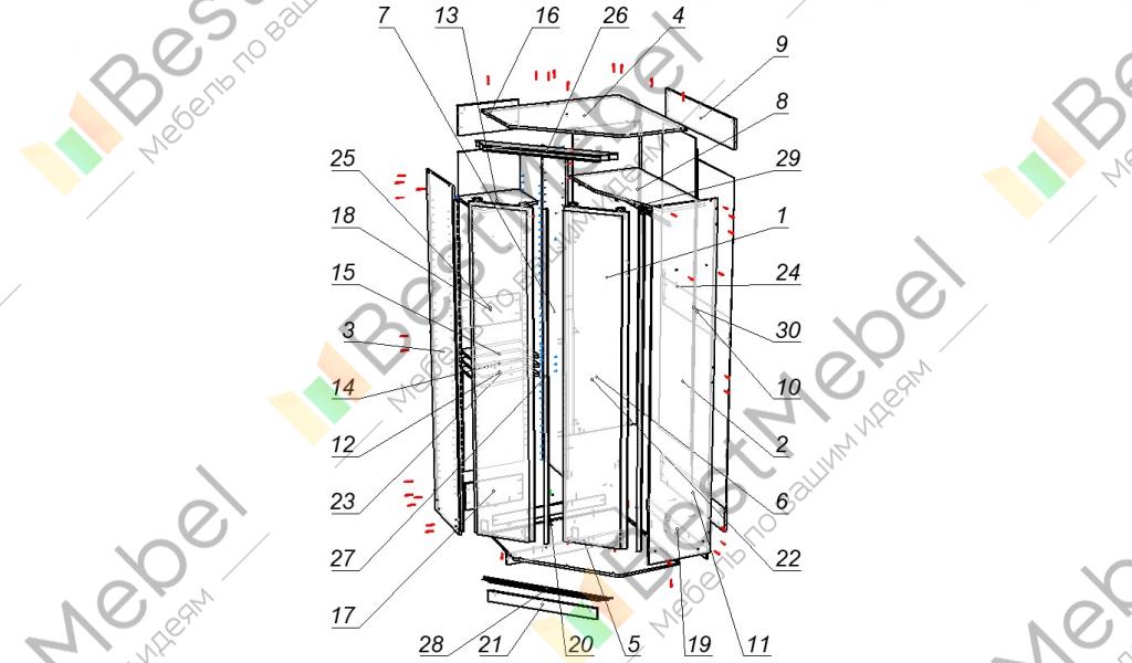 Чертежи угловых шкафов купе с 3D представлением